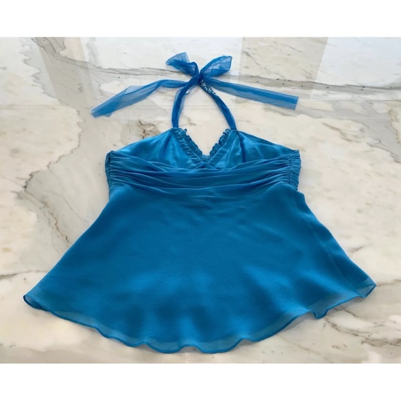 BCBG BLUE SILK EMBELLISHED HALTER TOP SIZE SMALL - Picture 8 of 14